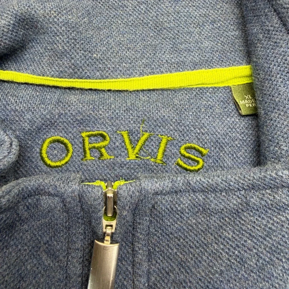Orvis Mens Blue Quarter Zip Pullover Sweater XL Mock Neck Lime Trim